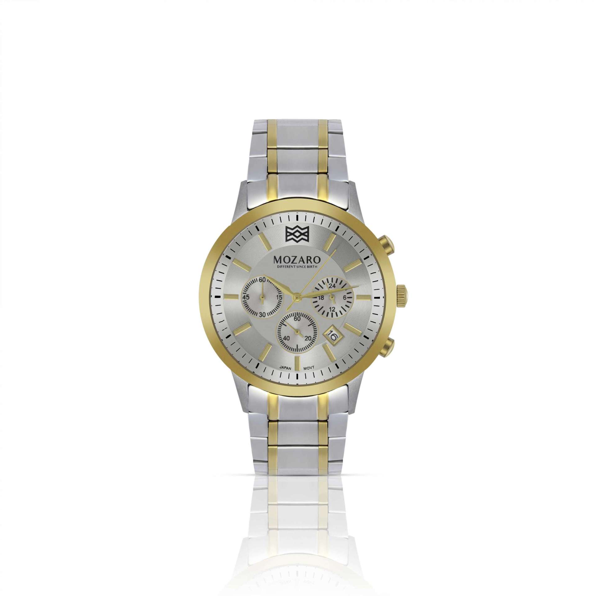 MOZARO Watch For Men with White Dial and Silver with Gold Stainless steel Strap MO-71931WSG