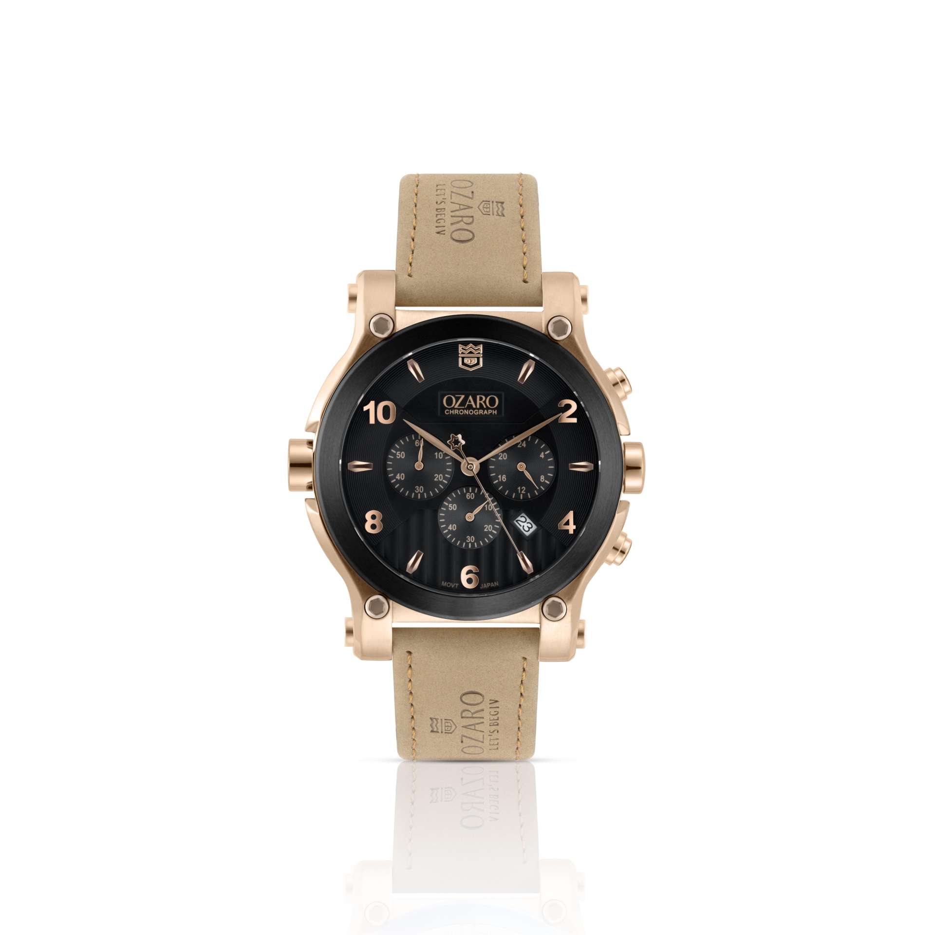 OZARO Watch for Men with Black Dial and Beige Leather