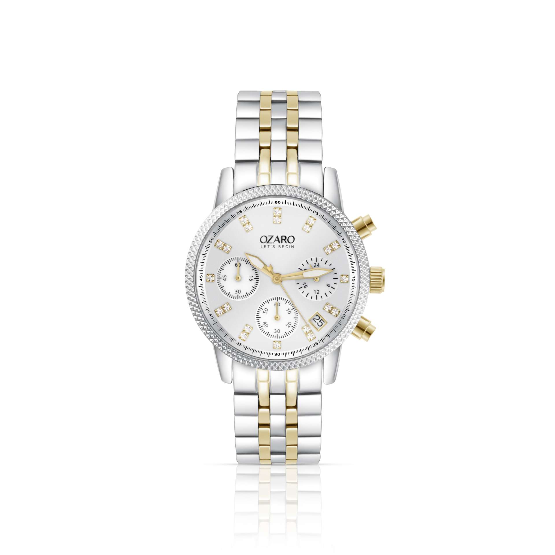 OZARO Watch for Women with White Dial and Silver with Gold Stainless steel Strap OZ-71938WSG