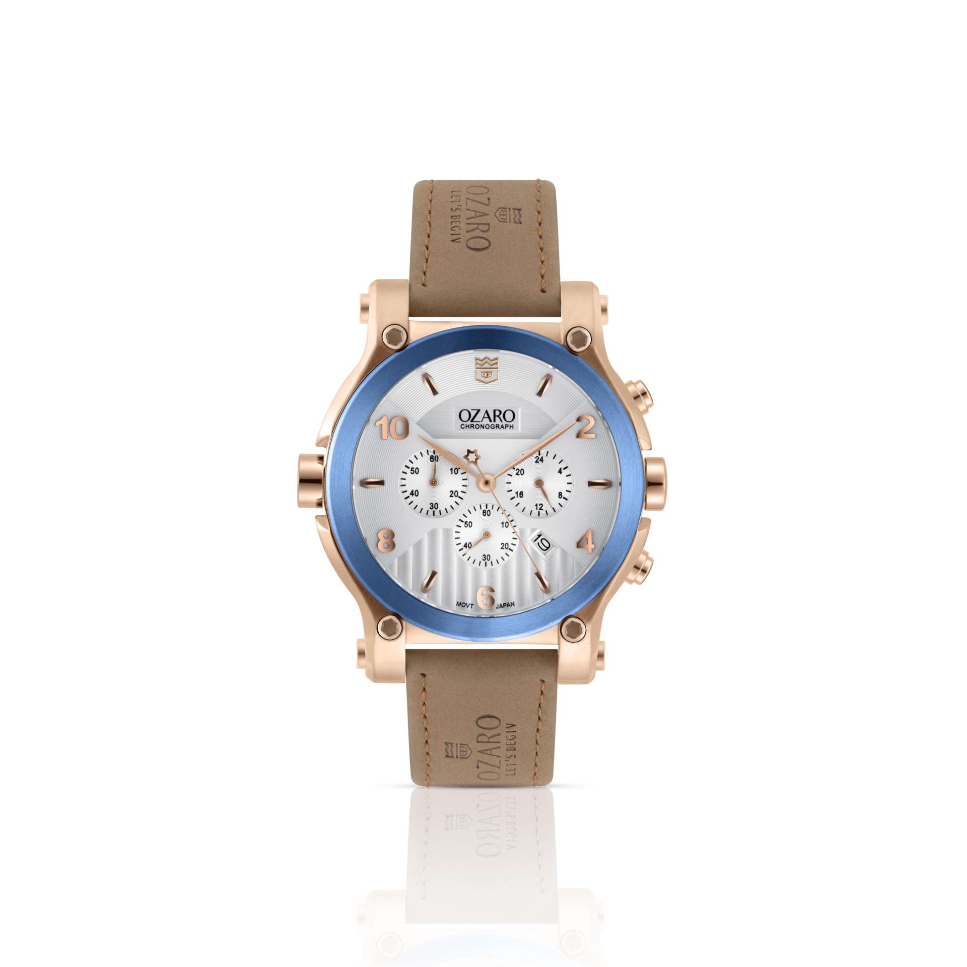 OZARO Watch for Men with White Dial with blue frame and Beige Leather OZ-71937WRBR