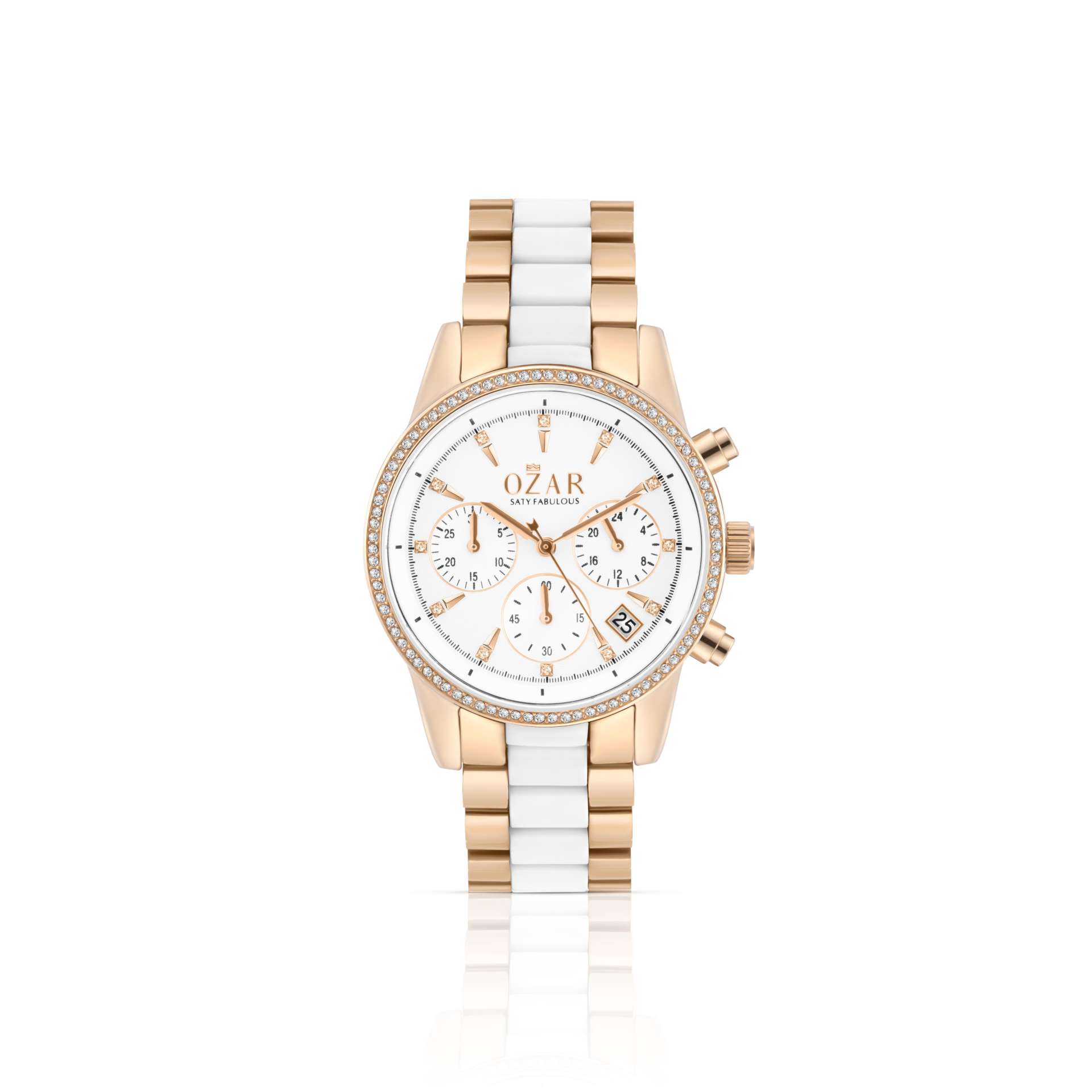 OZAR Watch for Women with White Dial and Rose Gold with White Stainless steel Strap OR-71936WRW